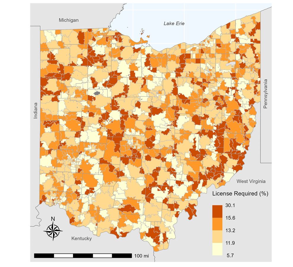 Figure 4. Percent of Employment with a Driver’s License Required by Zip Code (2020) 