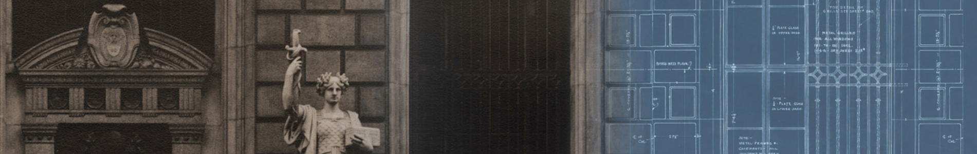 The front door of the Federal Reserve Bank of Cleveland with a statue, fading into a blueprint on the left.