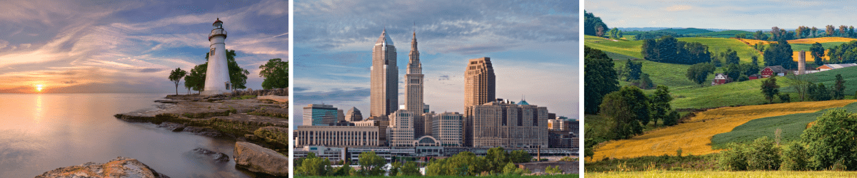 A collage of a lighthouse on a lake, the Cleveland city skyline, and farmland.