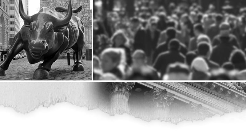 A collage of a crowd and a bull statue.