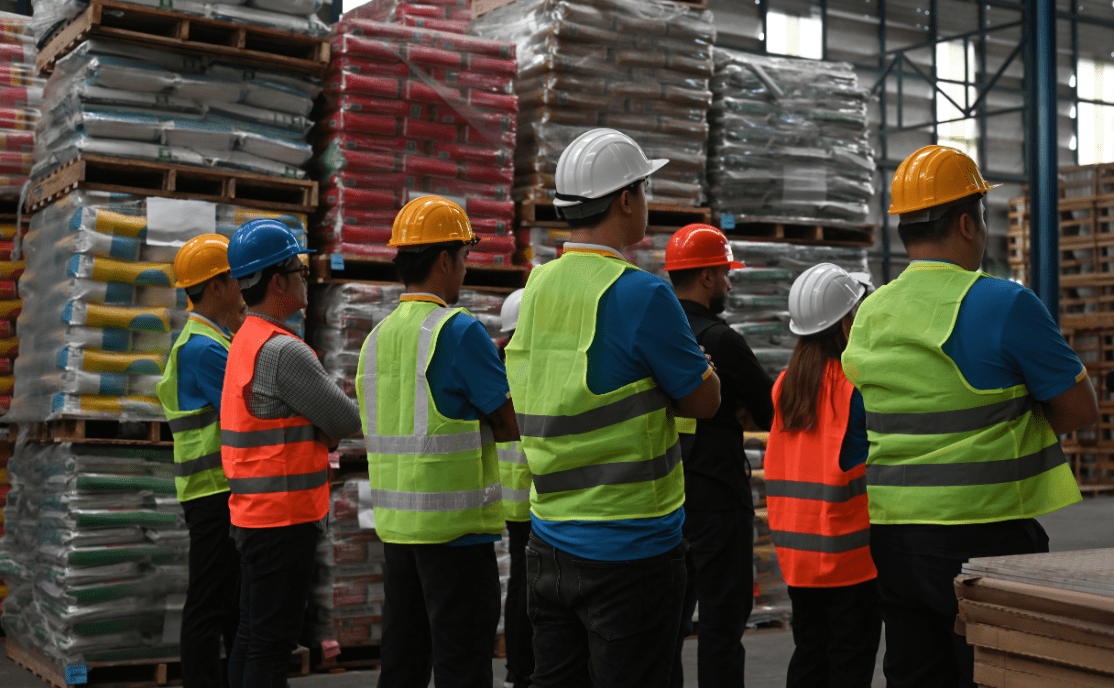 A group of people in hard hats and safety vests in a warehouse setting.